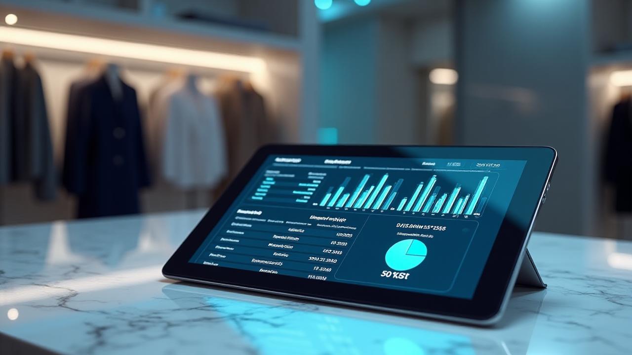 Modern e-commerce dashboard on a tablet in a high-end boutique